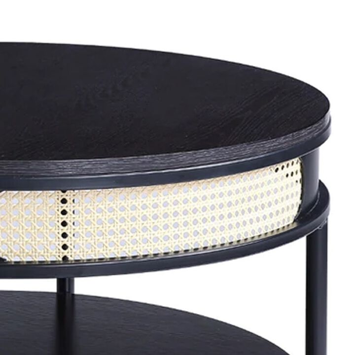 Bert 32 Inch Round Coffee Table, Rattan Apron Accent, Metal Legs, Black-Benzara