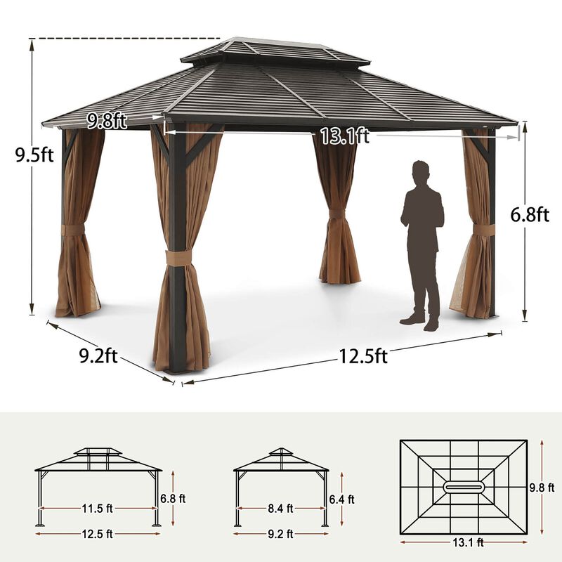 MONDAWE 10 ft. x 13 ft. Black Aluminium Alloy Gazebo with Netting and Brown Curtains