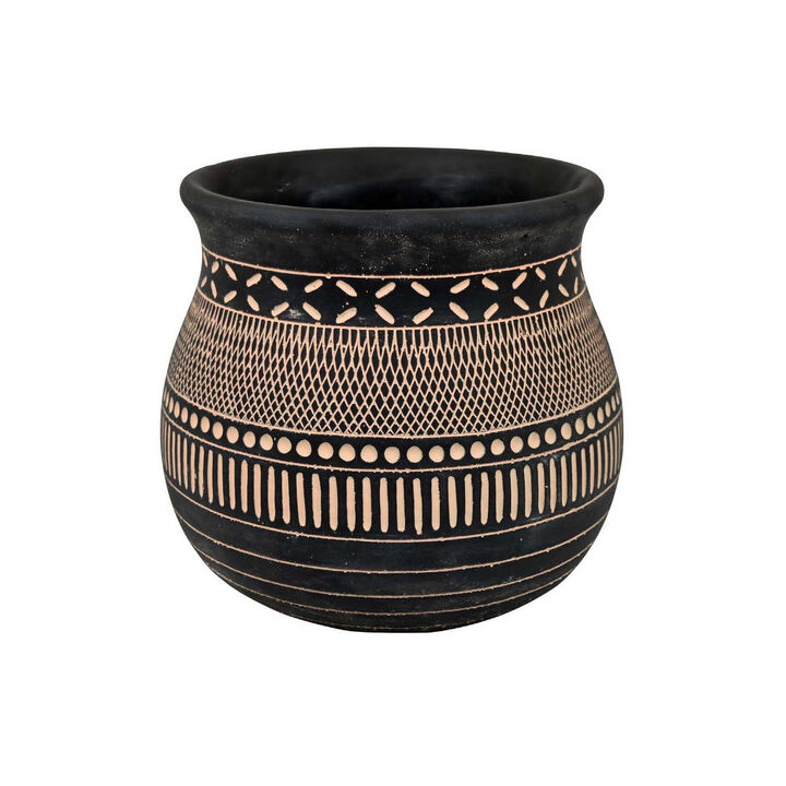 12 Inch Planter, Resin, Large Pot Shape, Tribal Design, Black and Beige - Benzara