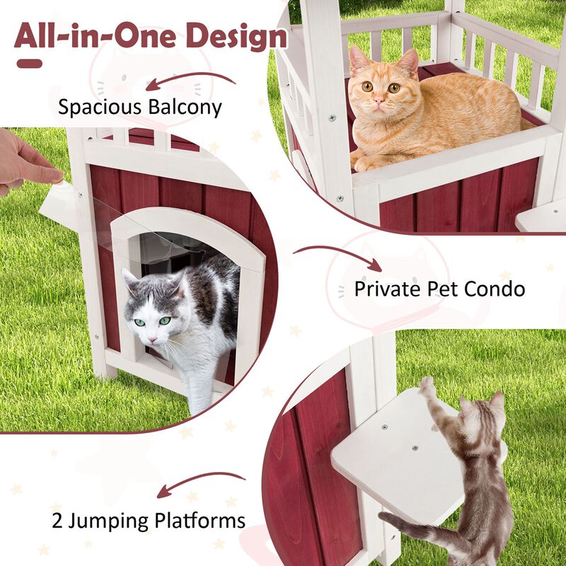 Costway Outdoor Cat House 2-Story Wooden Cat Shelter with Asphalt Roof Removable Floor