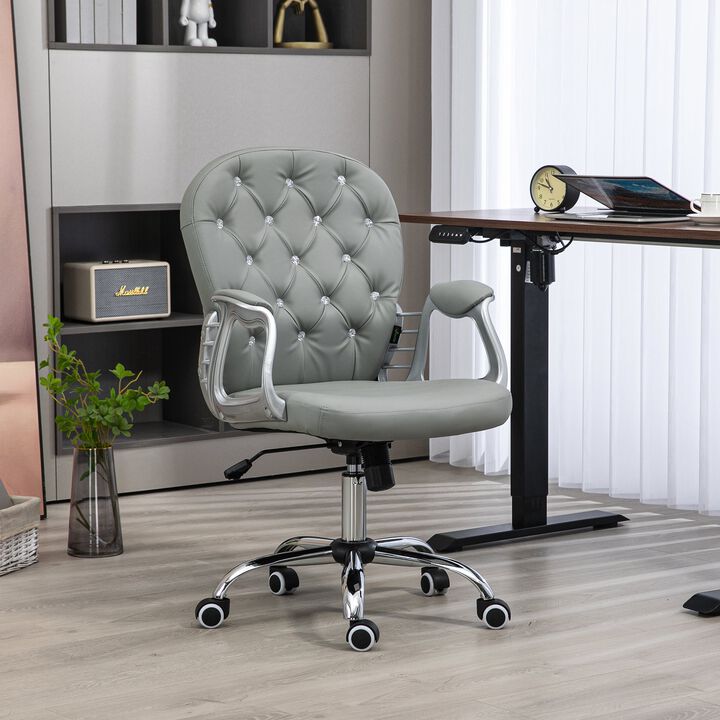 Gray PU leather home office chair with button tufted design, adjustable height, and swivel wheels.