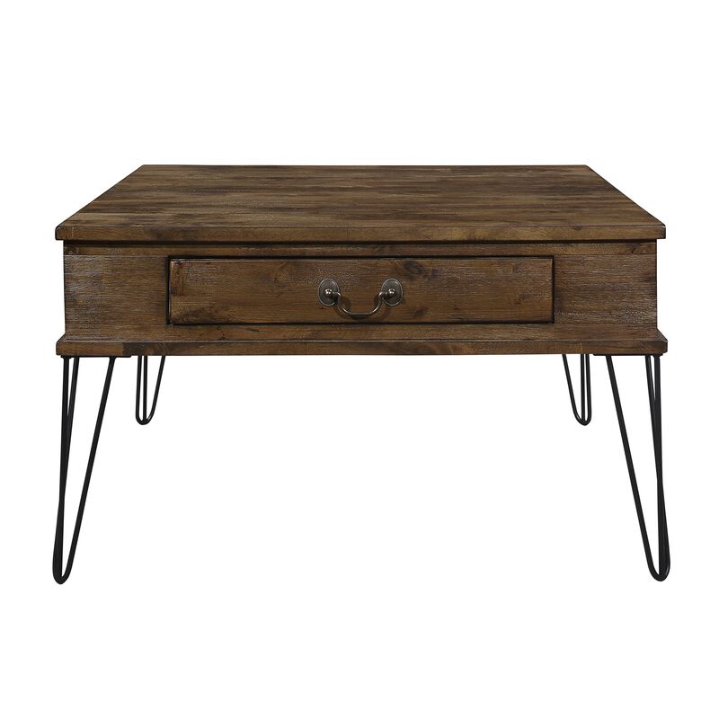 Itti 32 Inch Square Cocktail Coffee Table, 2 Drawers, Brown Wood, Black - Benzara