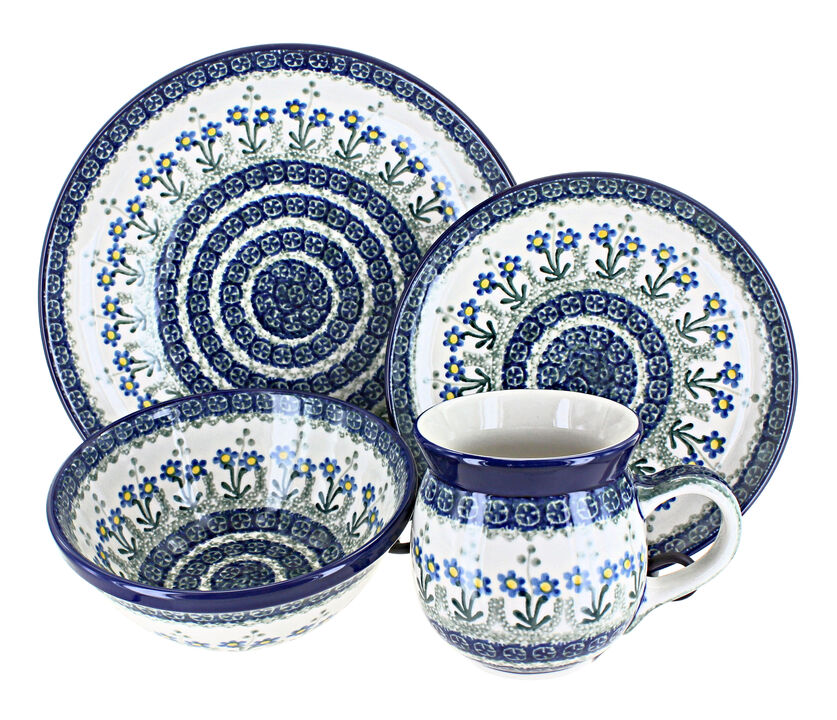 Blue Rose Polish Pottery Peacock Swirl 16 Piece Dinner Set