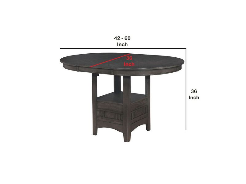 Round Counter Height Table with Pedestal Base and Extendable leaf, Gray-Benzara
