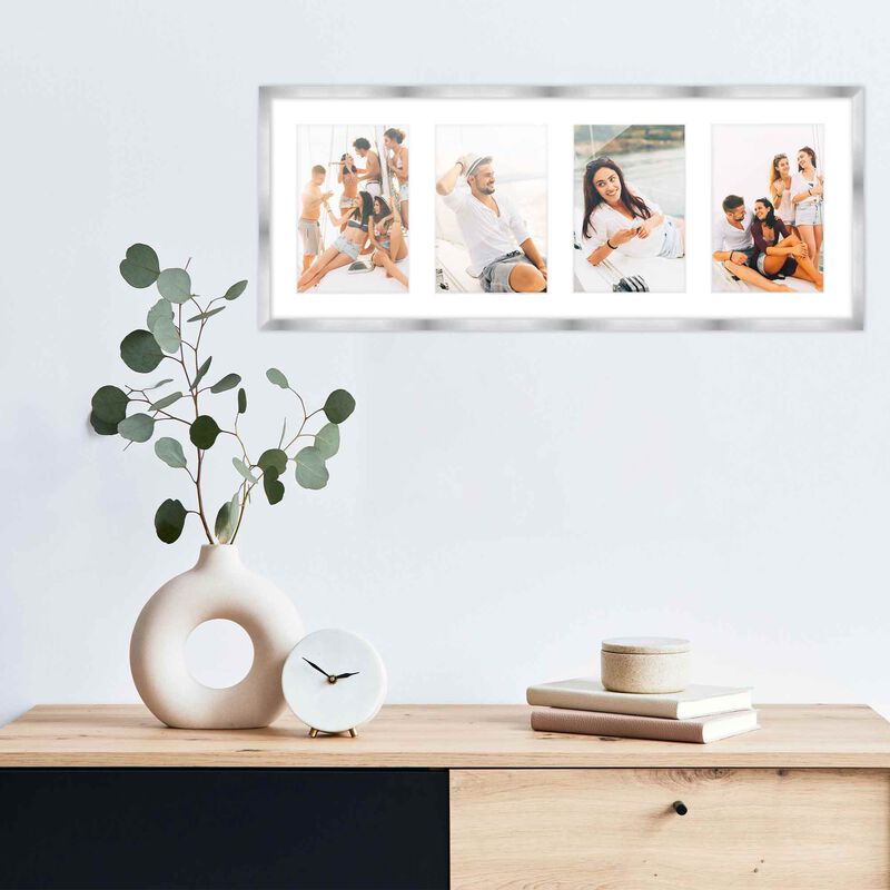 7.5x19 Wood Collage Frame with White Mat For 4 4x6 Pictures