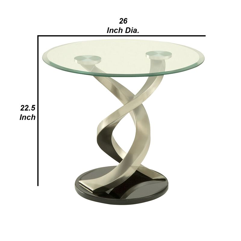 Modern Round Glass Top End Table with Twisted Metal Base, Silver and Black-Benzara