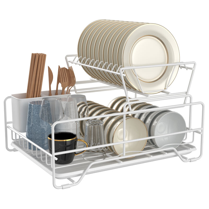 Dish Drying Rack, Metel 2-Tier Dish Rack Utensil Holder Kitchen White