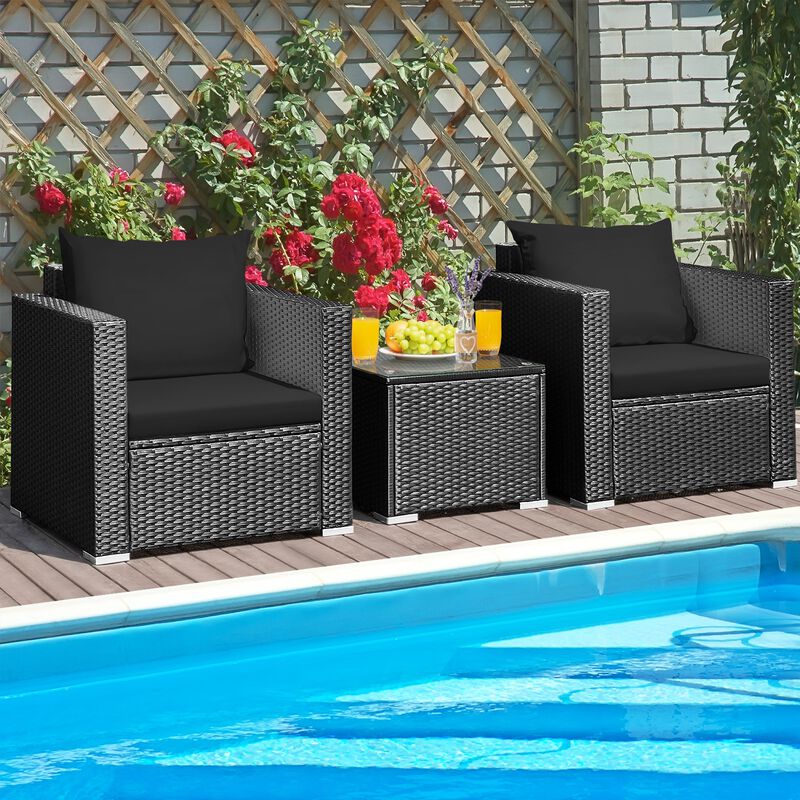 3 Pieces Patio Wicker Conversation Set�with Cushion