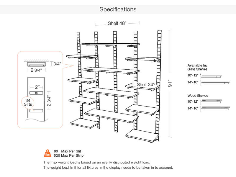 Trendy  Living Room Shelving System 91" High with 12 Mixed Wood Shelves 24" and 48" Length 10"-12" Width | 4 Sections- Shelves Sold Separately