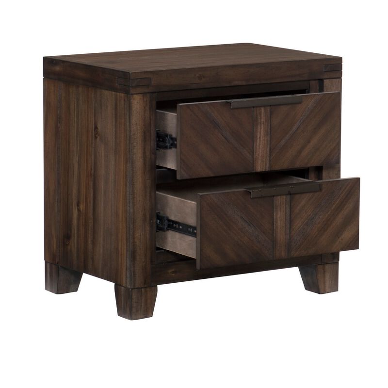 2 Drawer Wooden Nightstand with Antique Handles and Chamfered Feet, Brown - Benzara