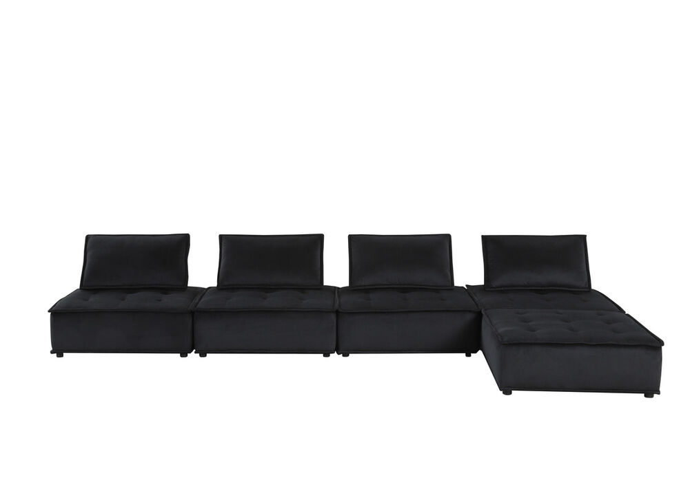 Alaya 5pc Foam Modular Sectional Sofa with Ottoman, Black Velvet Upholstery