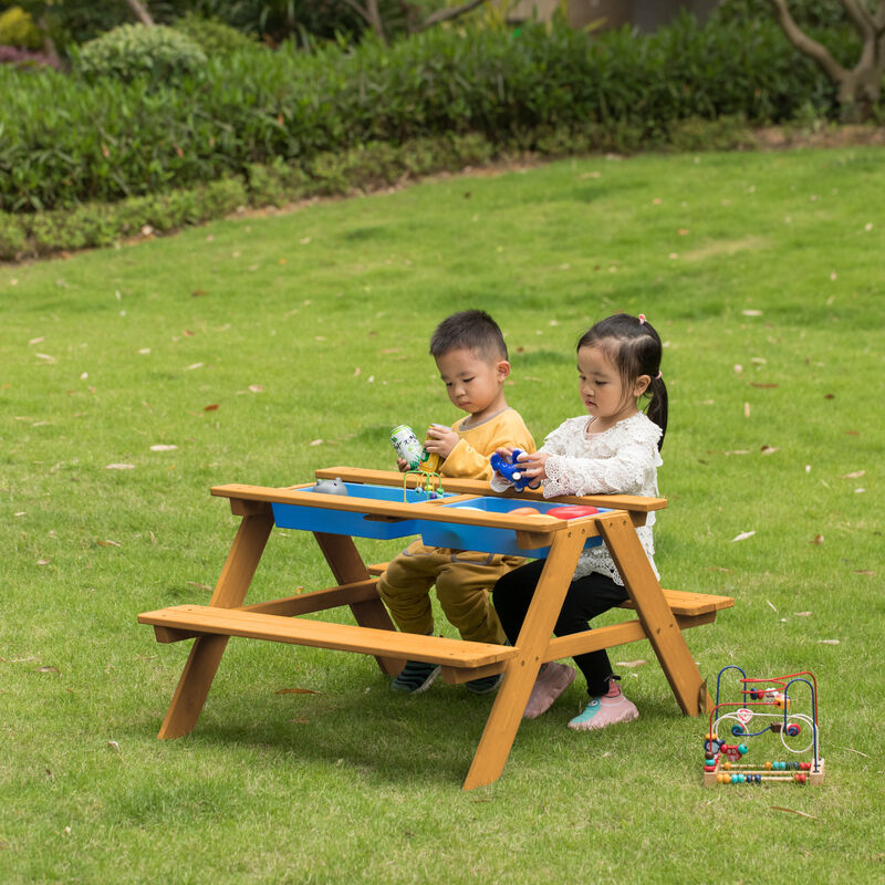 Convertible Wooden Sand and Water Table for your Toddlers Outdoor Playset Featuring 2 Play Box and a Removable Top that Transforms into Kids Picnic Table - Teak Stained