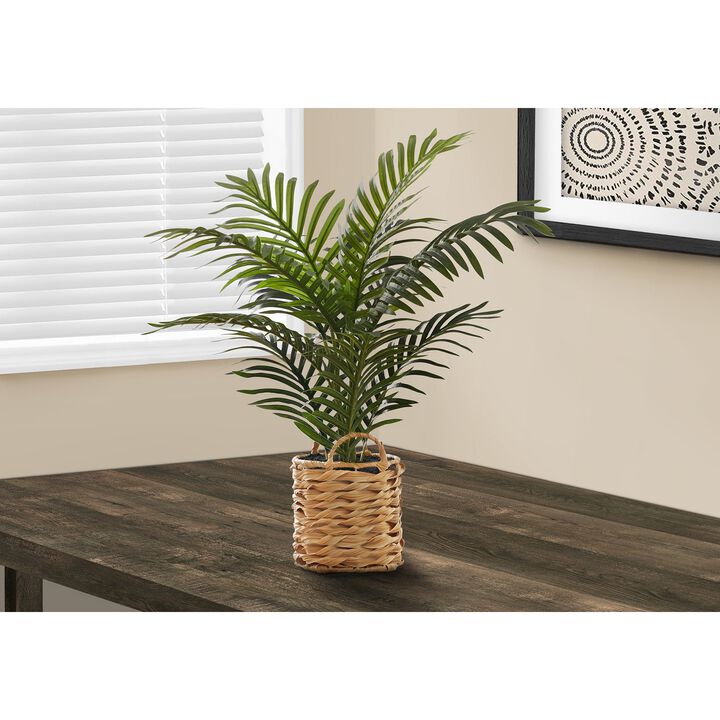 Monarch Specialties I 9503 - Artificial Plant, 24" Tall, Palm, Indoor, Faux, Fake, Table, Floor, Greenery, Potted, Real Touch, Decorative, Green Leaves, Beige Woven Basket