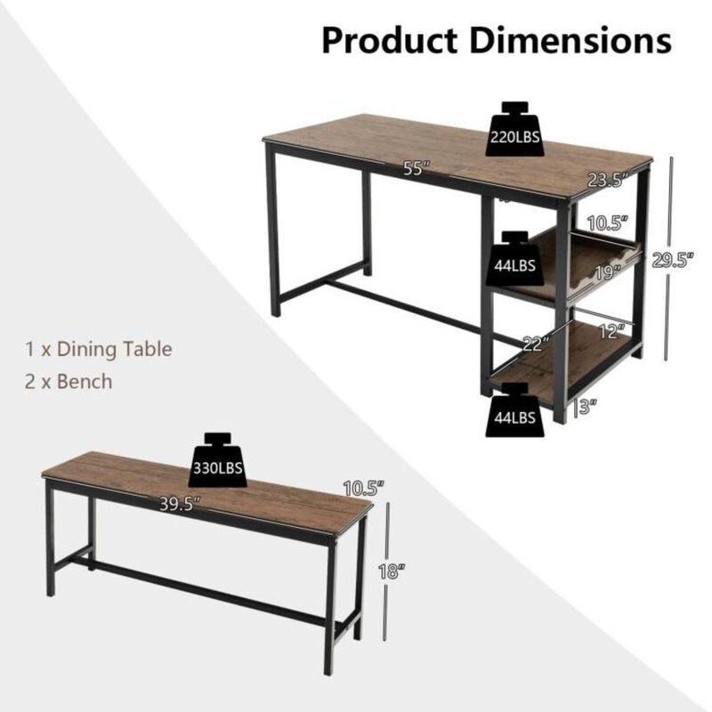 Hivvago Modern Industrial 3 Piece Metal Wood Dining Set with 2 Benches and Wine Rack