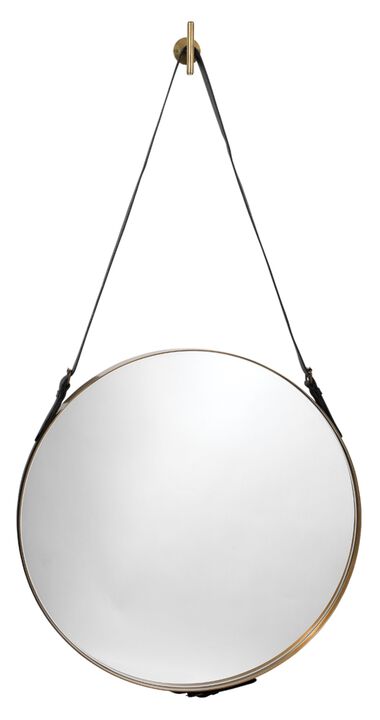 Round Steel Mirror, Antique Brass and Black Leather Strap