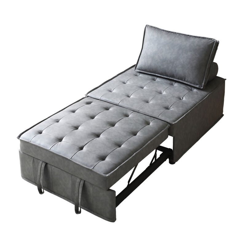Multipurpose Faux Leather Ottoman Lazy Chair Pulling Out Sofa Bed (Dark Grey)