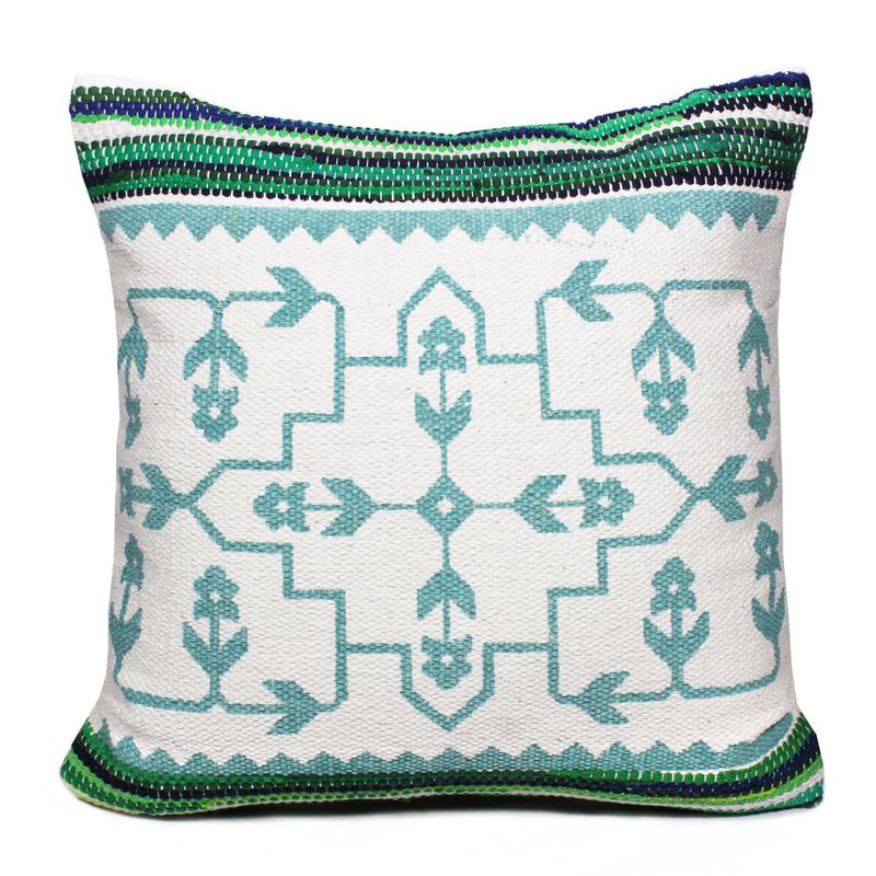 20" Green and White Bordered Budding Floral Mosaic Square Throw Pillow