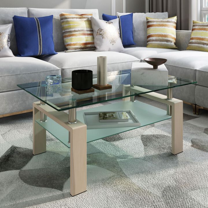 Hivvago Double Layer Living Room Glass Coffee Table with Metal Legs