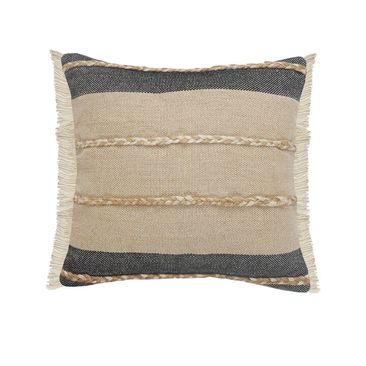 24" Black and Taupe Striped Square Throw Pillow with Jute Braiding