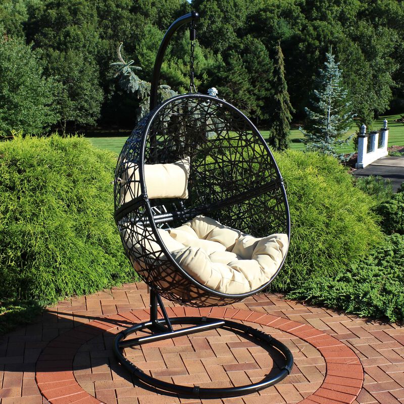 Sunnydaze Resin Wicker Hanging Egg Chair with Steel Stand/Cushion