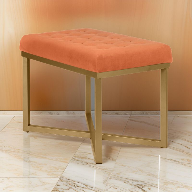 Metal Framed Bench with Button Tufted Velvet Upholstered Seat, Orange and Gold - Benzara