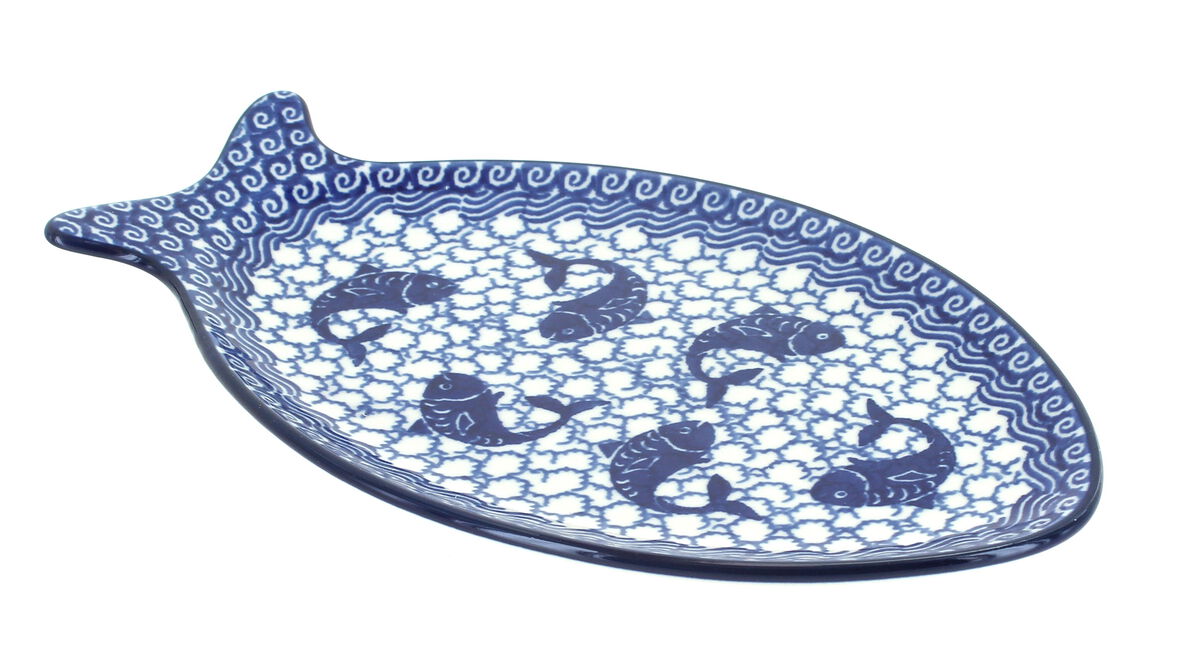 Blue Rose Polish Pottery Mosaic Beach Small Fish Platter