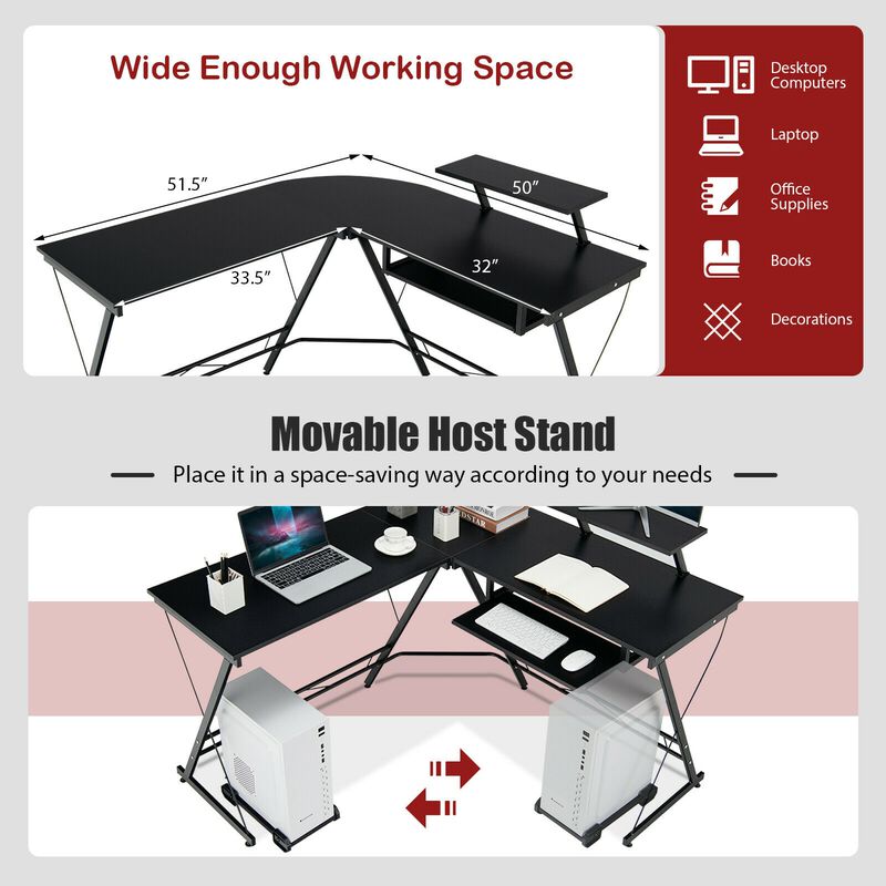 L Shaped Computer Desk Home Office Workstation with Movable Monitor Stand-Black