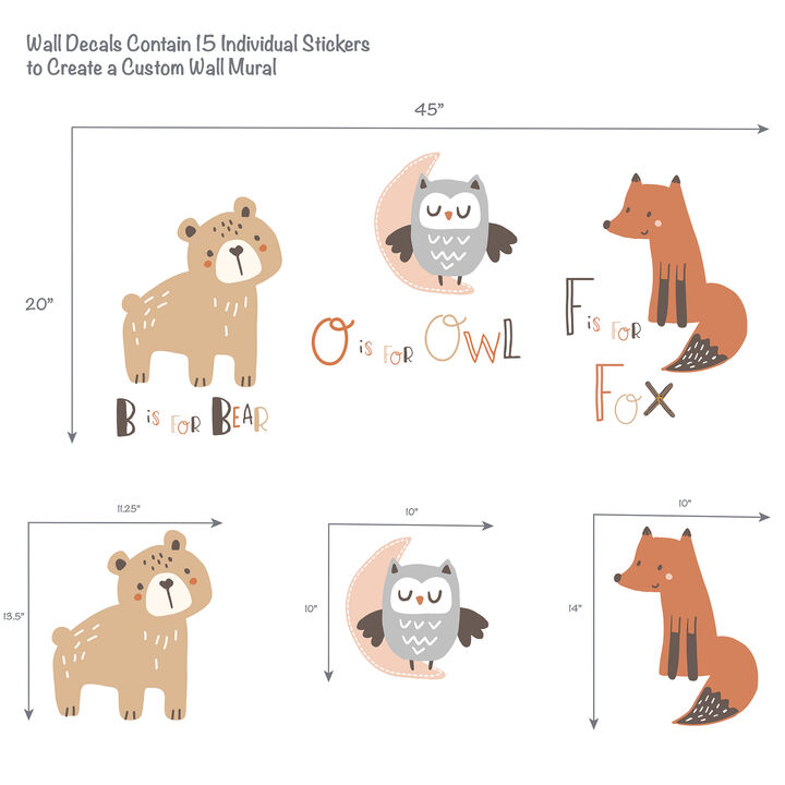 Bedtime Originals Animal Alphabet Beige/Gray Bear/Owl/Fox Woodland Wall Decals