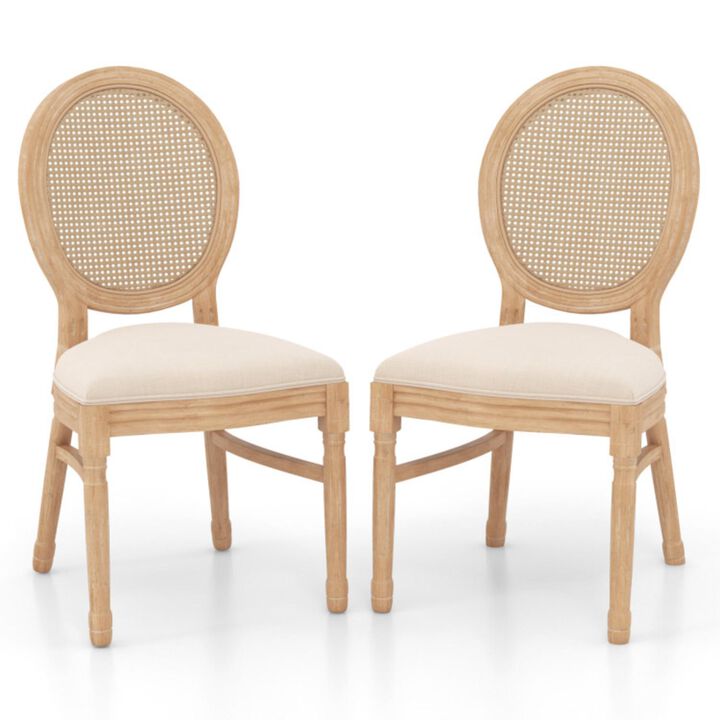 Hivvago Set of 2 Dining Chairs French Style Kitchen Chair with Hand-Woven Rattan Backrest-Beige
