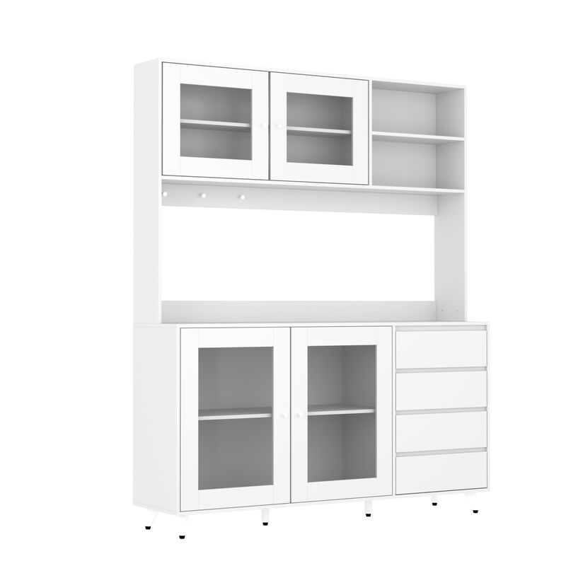 White Large Kitchen Pantry Cabinet Buffet with 4-Drawers Hooks Open Shelves and Glass Doors