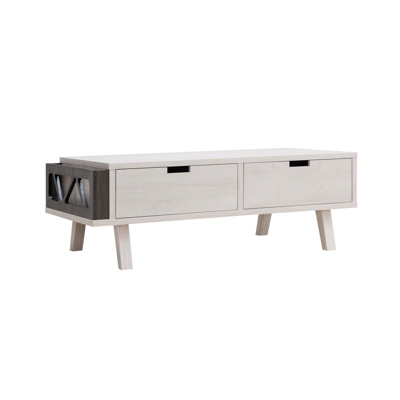 Bev 47 Inch Modern Coffee Table, 2 Drawers, 1 Side Compartment, White, Gray-Benzara