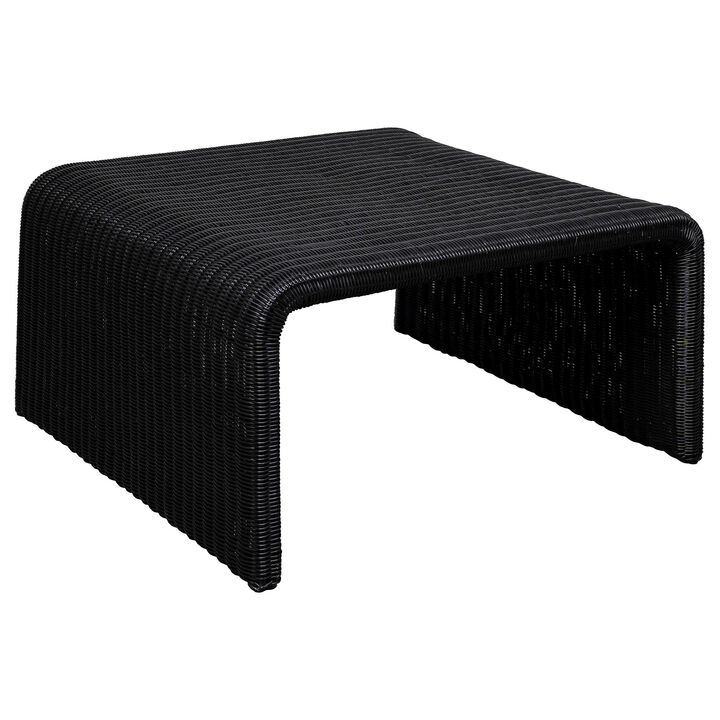 Gigi 36 Inch Coffee Table, Black Woven Rattan, Square Waterfall Edges - Benzara