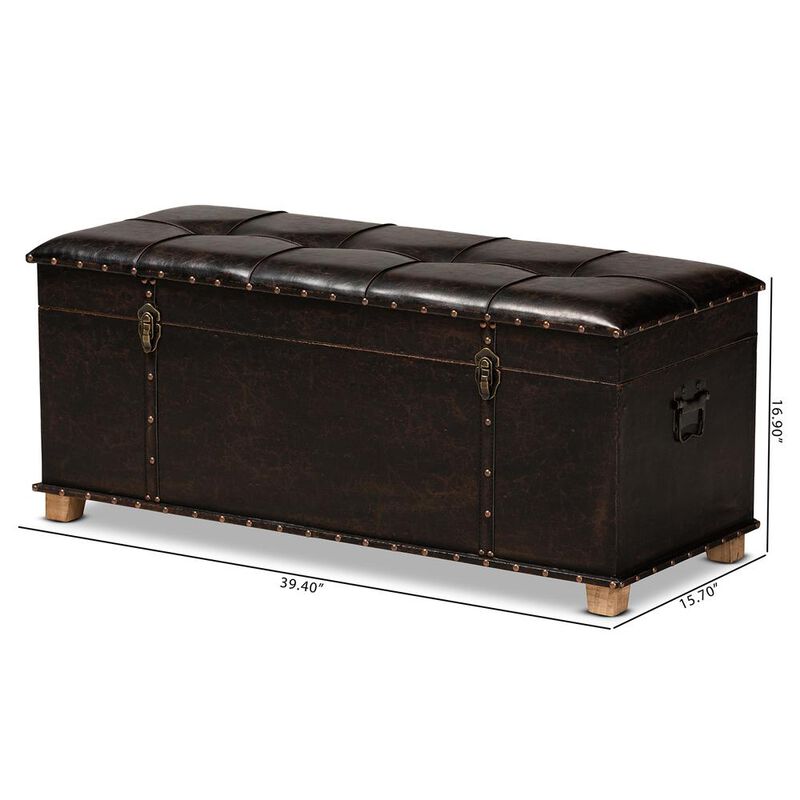 Leather Upholstered and Oak Brown Finished Wood Storage Ottoman