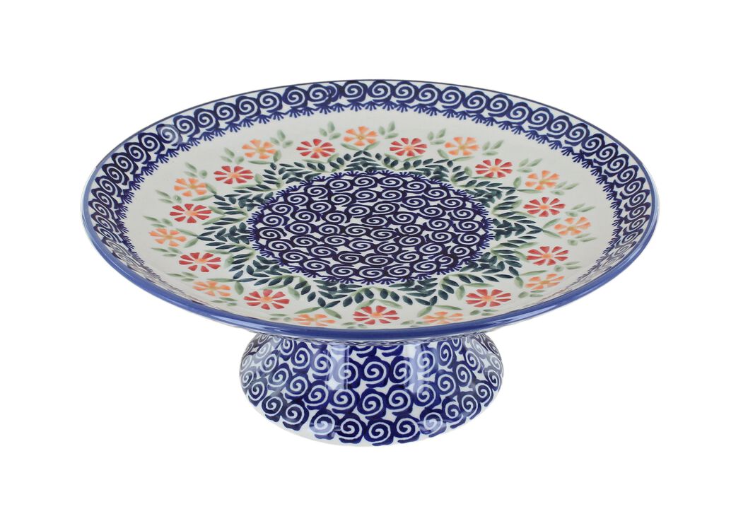 Blue Rose Polish Pottery Tulip Pedestal Cake Plate