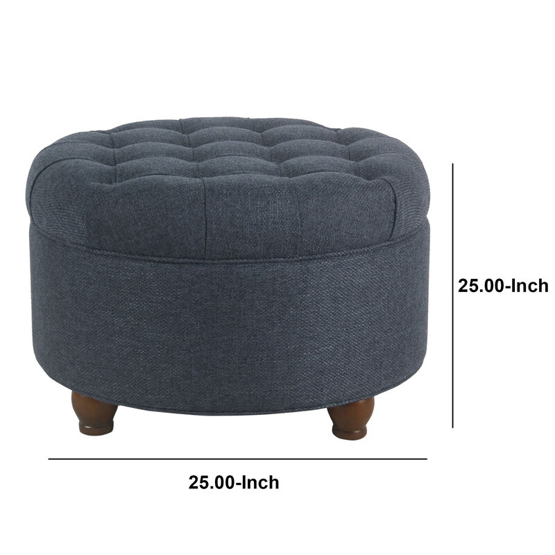 Fabric Upholstered Wooden Ottoman with Tufted Lift Off Lid Storage, Navy Blue - Benzara