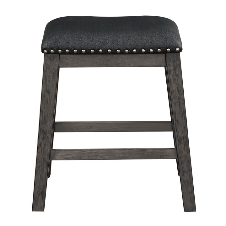 Gray Finish Set of 2 Counter Height Barstool Black Faux Leather Seat Nailhead Trim Casual Dining Furniture