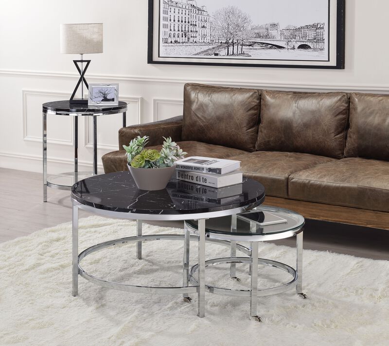 ACME Virlana End Table, Black Engineering Stone & Chrome Finish