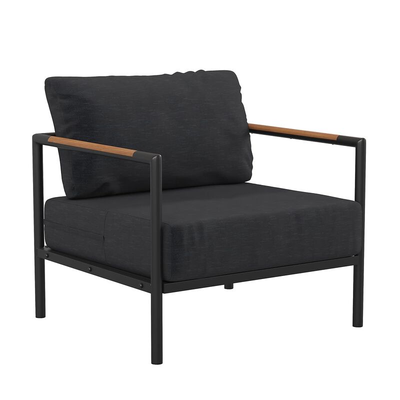 Flash Furniture Lea Indoor/Outdoor Patio Chair with Cushions - Modern Aluminum Framed Chair with Teak Accented Arms, Black with Charcoal Cushions