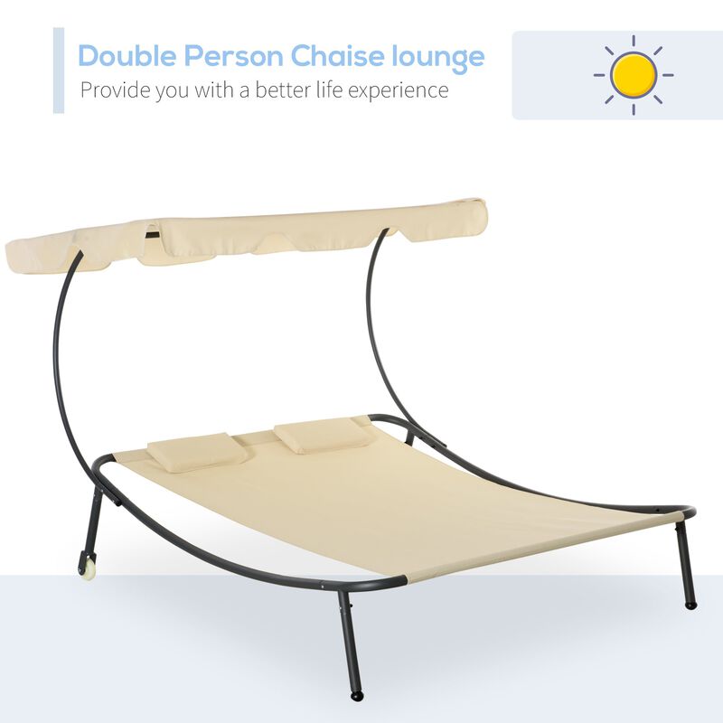 Beige Garden Lounger: Double Chaise with Adjustable Canopy