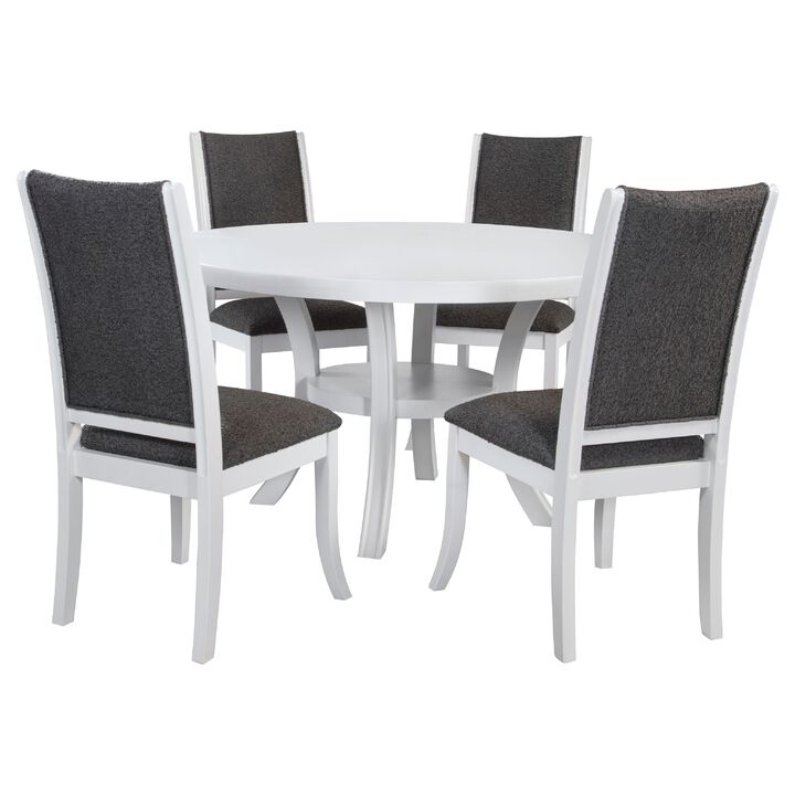 Judy 5pc Round Dining Table Set, Flared Legs, Gray Fabric, White Wood - Benzara