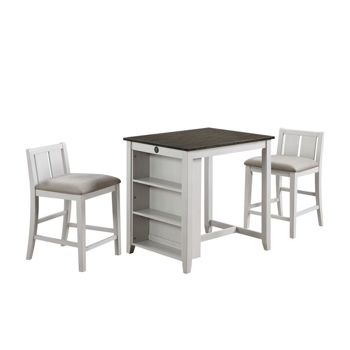 Hia 3 Piece Counter Table Set, Cushioned Seats, 2 Shelves, Crisp White-Benzara