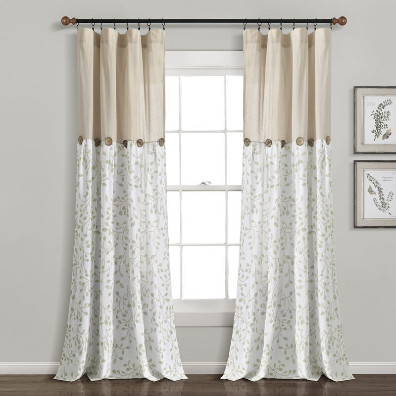 Linen Button Botanical Garden Window Curtain Panels