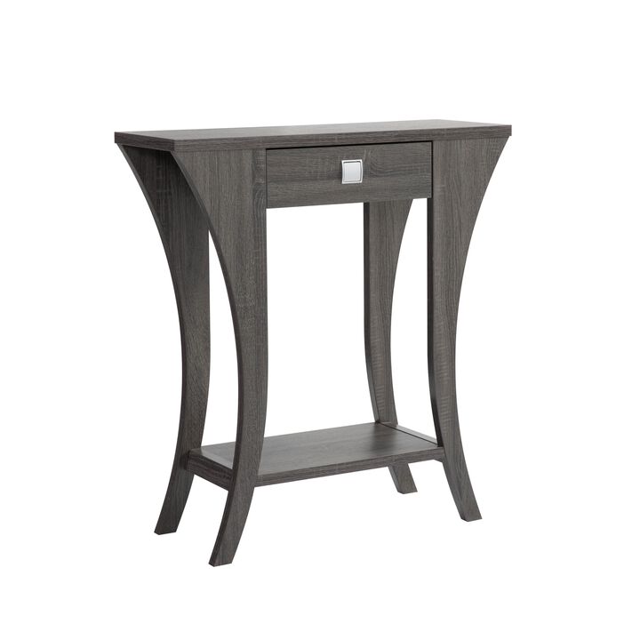 34 Inch Console Table with Drawer and Shelf, Curved Legs, Distressed Gray - Benzara