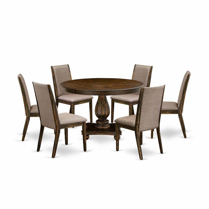 East West Furniture F2LA7-716 7Pc Dining Set - Round Table and 6 Parson Chairs - Distressed Jacobean Color