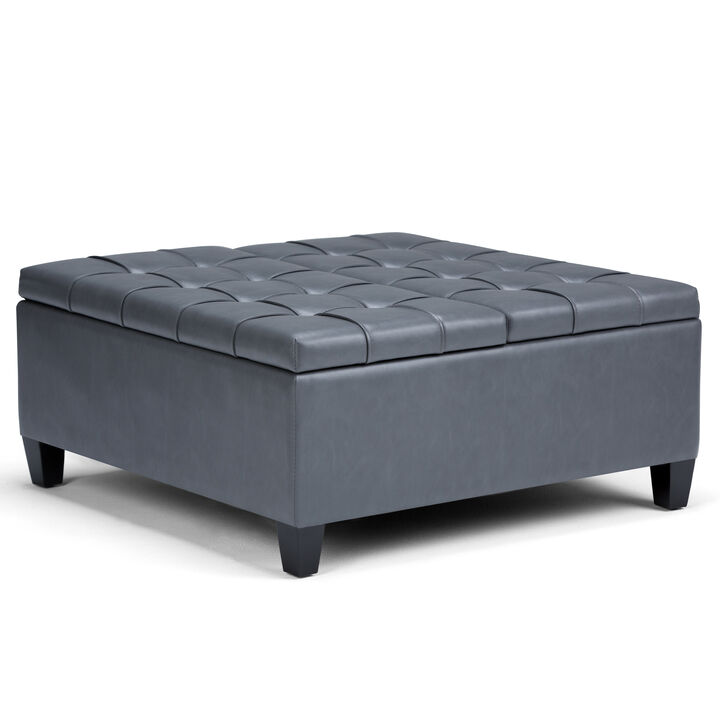 Harrison 36 inch Wide Transitional Square Coffee Table Storage Ottoman in Stone Grey Vegan Faux Leather, Assembled