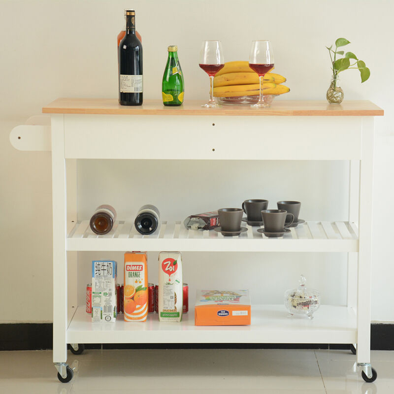 Kitchen Island & Kitchen Cart, Rubber Wood Top, Mobile Kitchen Island with Two Lockable Wheels, Simple Design for Easy Storing and Fetching, Two Drawers Give Unique Storage for Special Utensil