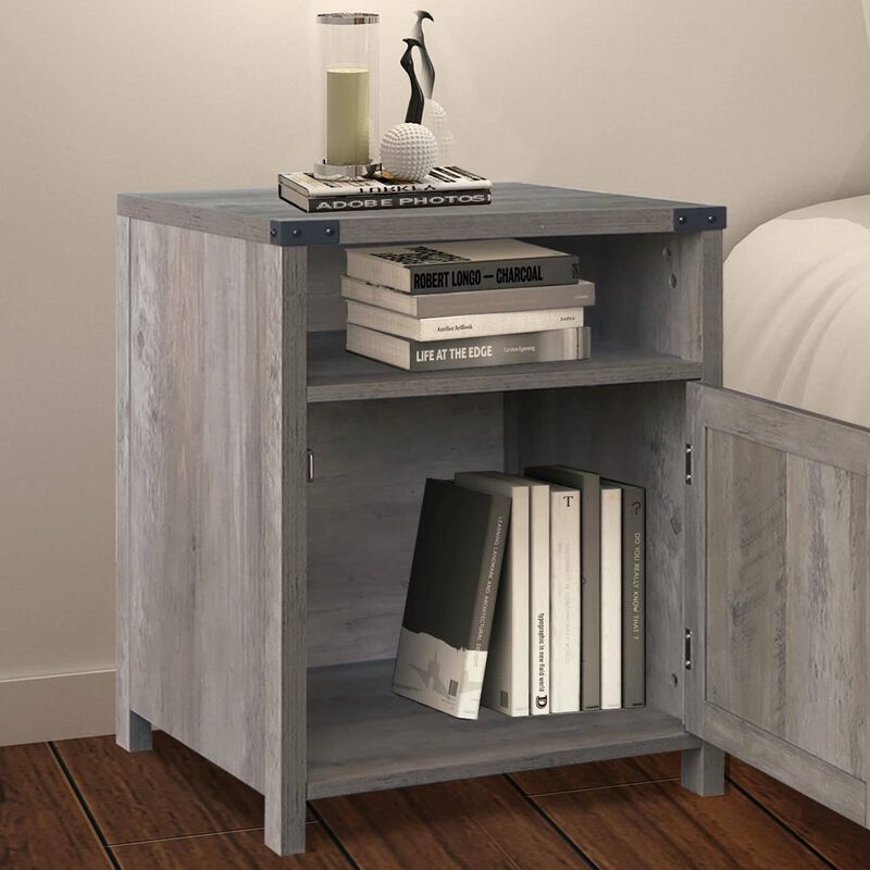 Hivvago Farmhouse Style End Table Barn Door Nightstand with Open Shelf in Rustic Oak