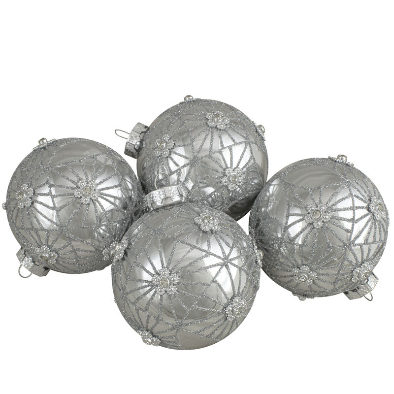 4ct Silver with Floral Gem Christmas Ball Ornaments 3.25-Inch (80mm)