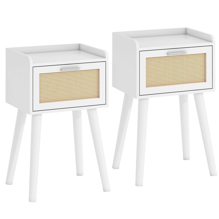 LAATOOREE Nightstand Set of 2, Small White Bedside Table, End Table with Rattan Door, Boho Side Table with Solid Wood Legs for B