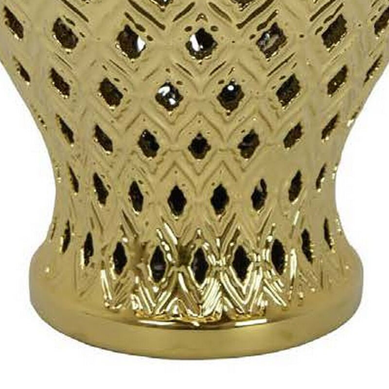 Deni 18 Inch Temple Jar, Pierced, Carved Lattice Design, Lid, Gold - Benzara